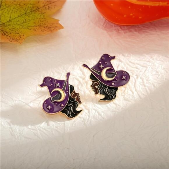 WOWORAMA Witch Earrings | Purple Hat with Crescent & Stars - Picture 4 of 6